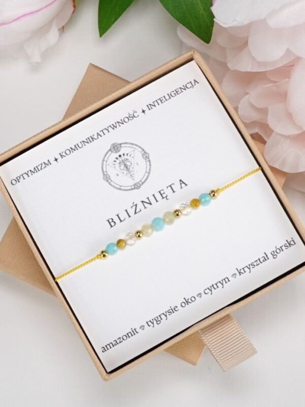 BLIŹNIĘTA - bransoletka Znaki Zodiaku - amazonit, tygrysie oko, cytryn, kryształ górski
