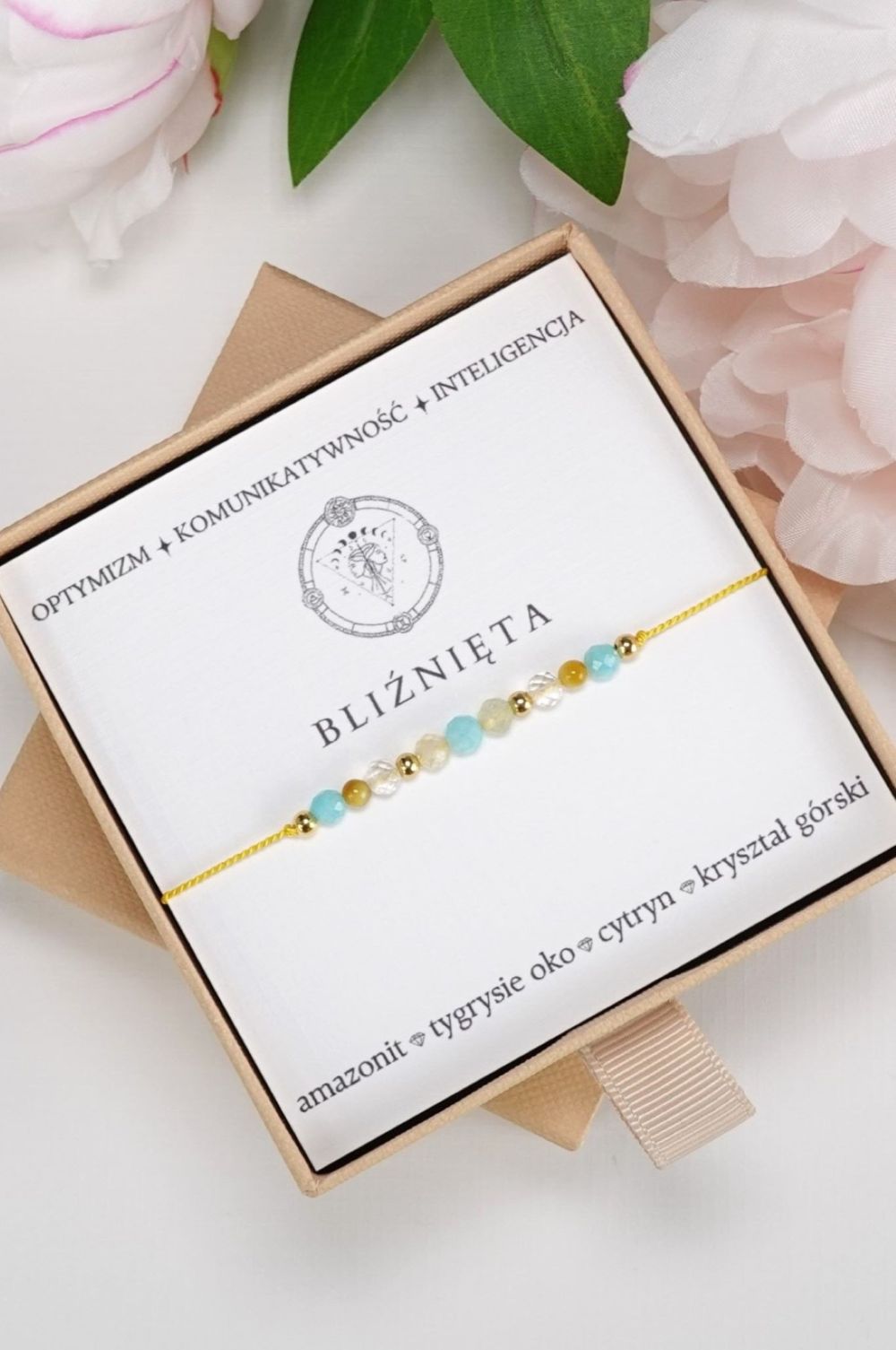 BLIŹNIĘTA - bransoletka Znaki Zodiaku - amazonit, tygrysie oko, cytryn, kryształ górski