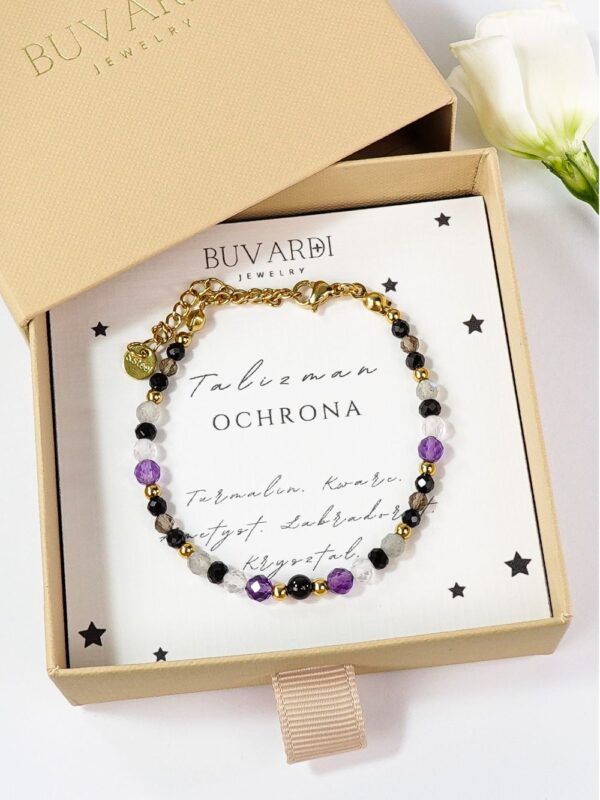 bransoletka talizman ochrona z czarnym turmalinem, ametystem, kryształem, labradorytem na klasycznym zapięciu