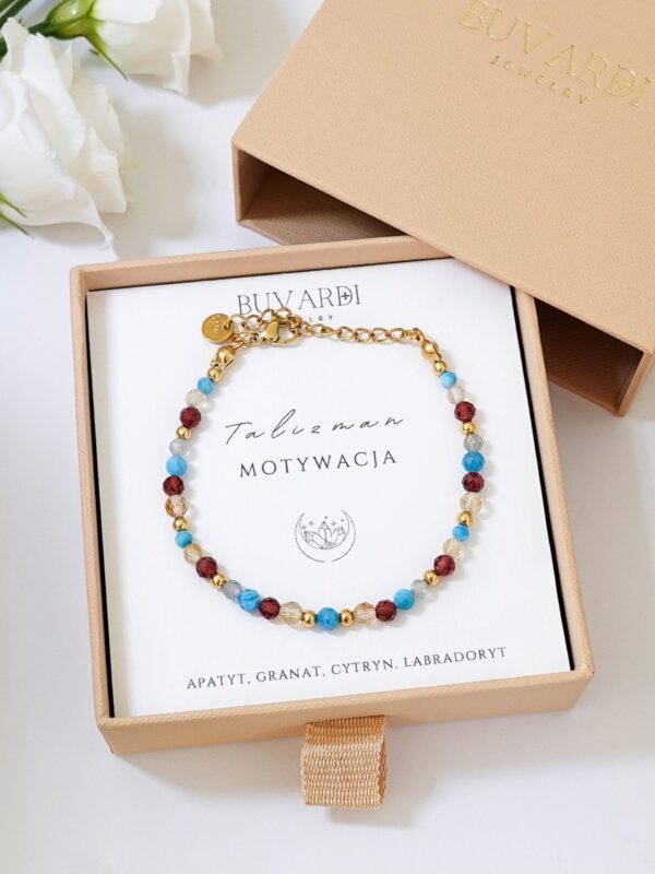 Bransoletka z kamieni naturalnych na motywację z granatem, cytrynem i apatytem, talizman motywacja – w pudełku prezentowym.