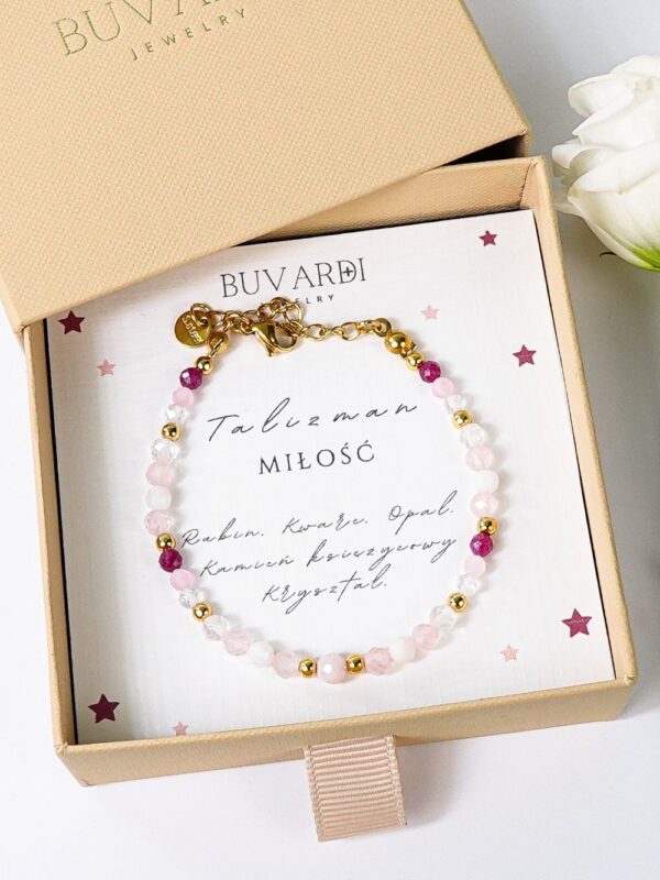 Bransoletka Talizman Miłość z kamieni naturalnych, kwarc różowy, opal, rubin, kamień księżycowy, kryształ.