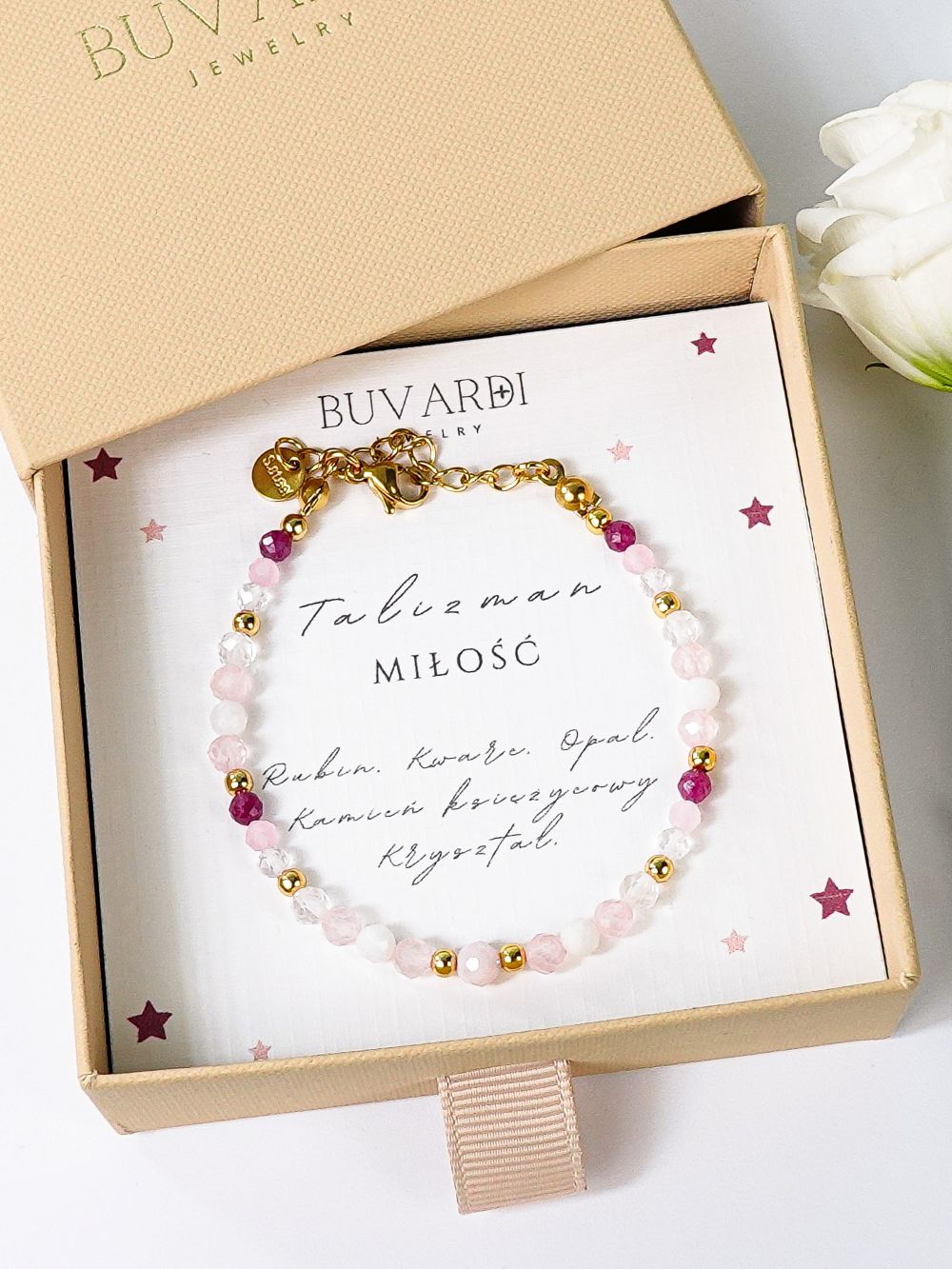 Bransoletka Talizman Miłość z kamieni naturalnych, kwarc różowy, opal, rubin, kamień księżycowy, kryształ.