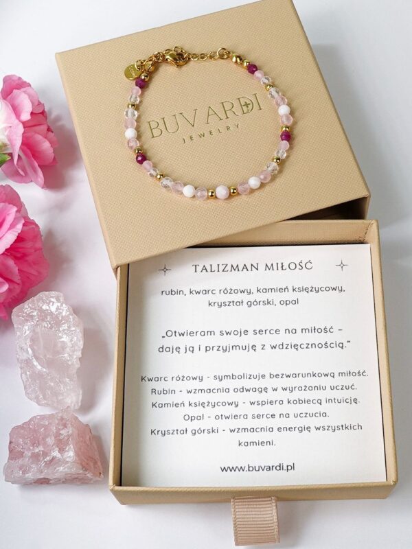 Bransoletka Talizman na miłość z kwarcu różowego w pudełku prezentowym. Bransoletka na Walentynki.