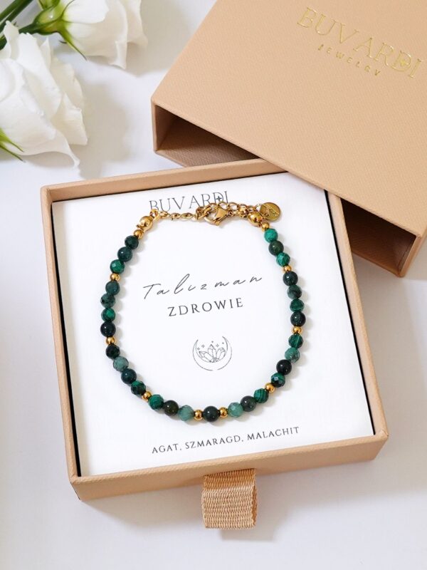Bransoletka na zdrowie - Talizman Zdrowia z kamieniami naturalnymi. Bransoletka z malachitem, szmaragdem i agatem.
