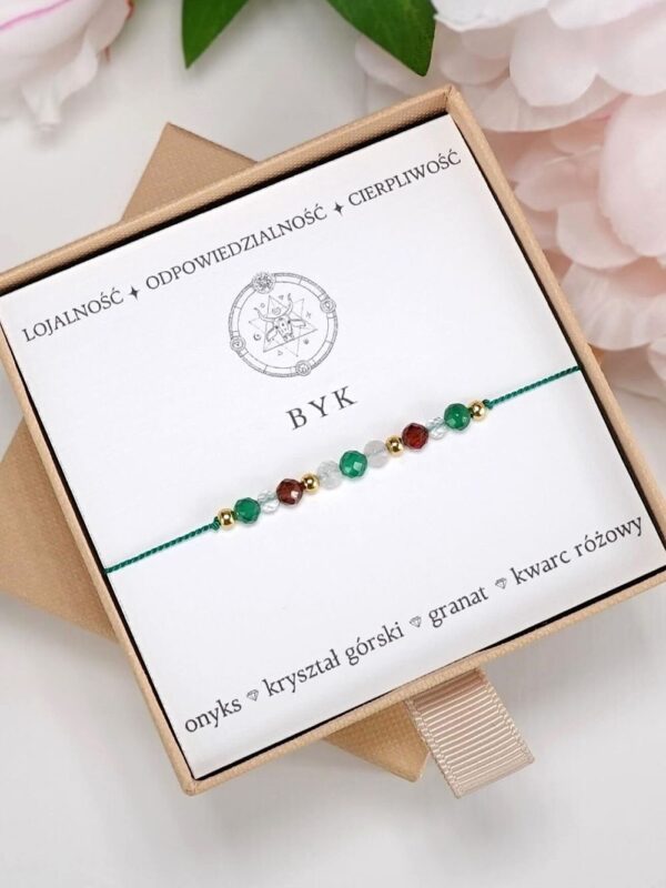 BYK - bransoletka Znaki Zodiaku - onyks zielony, kryształ górski, granat, kwarc różowy