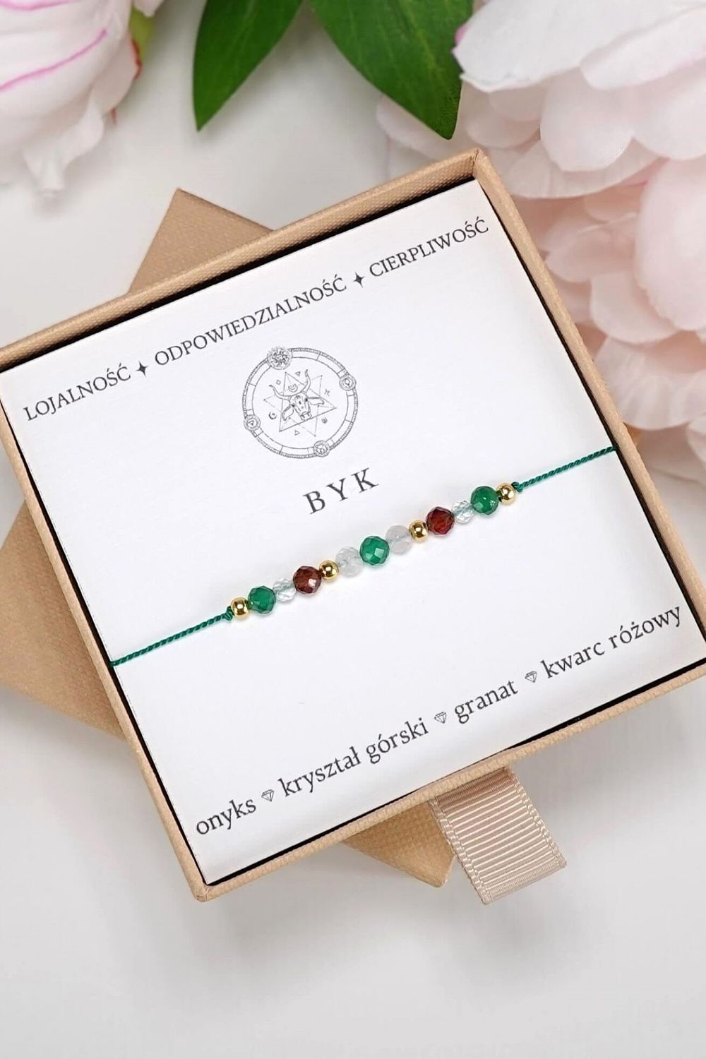 BYK - bransoletka Znaki Zodiaku - onyks zielony, kryształ górski, granat, kwarc różowy