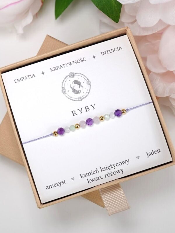 RYBY - bransoletka Znaki Zodiaku - ametyst, kamień księżycowy, jadeit, kwarc różowy