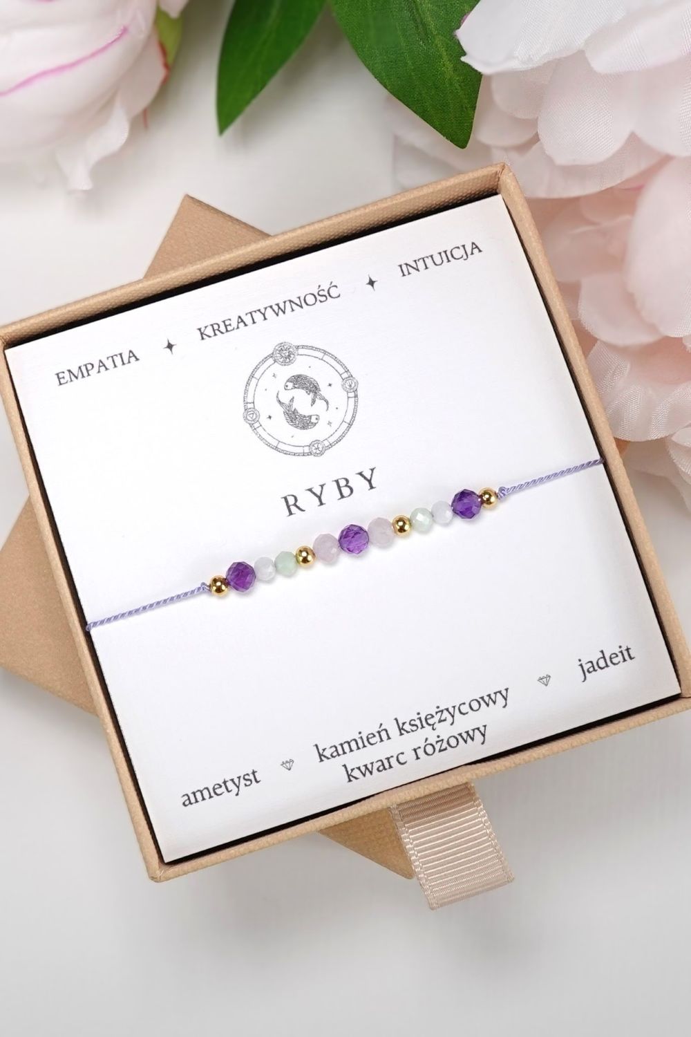 RYBY - bransoletka Znaki Zodiaku - ametyst, kamień księżycowy, jadeit, kwarc różowy