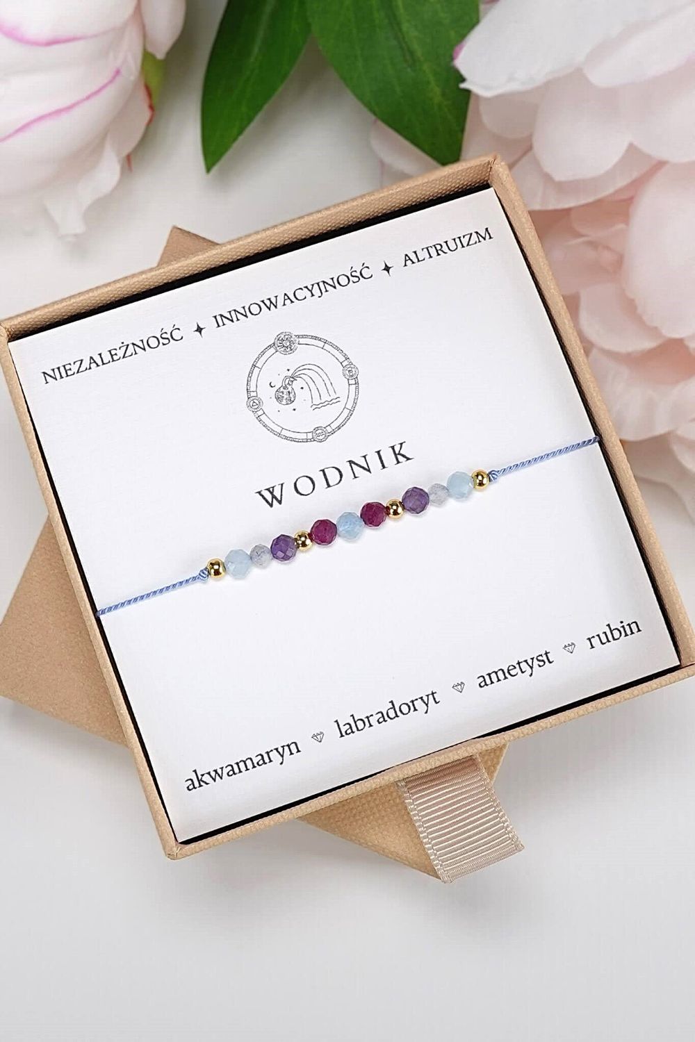 WODNIK - bransoletka Znaki Zodiaku - akwamaryn, labradoryt, ametyst, rubin