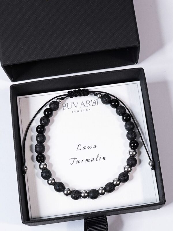 bransoletka męska z czarnym turmalinem i lawą wulkaniczną, na sznurku