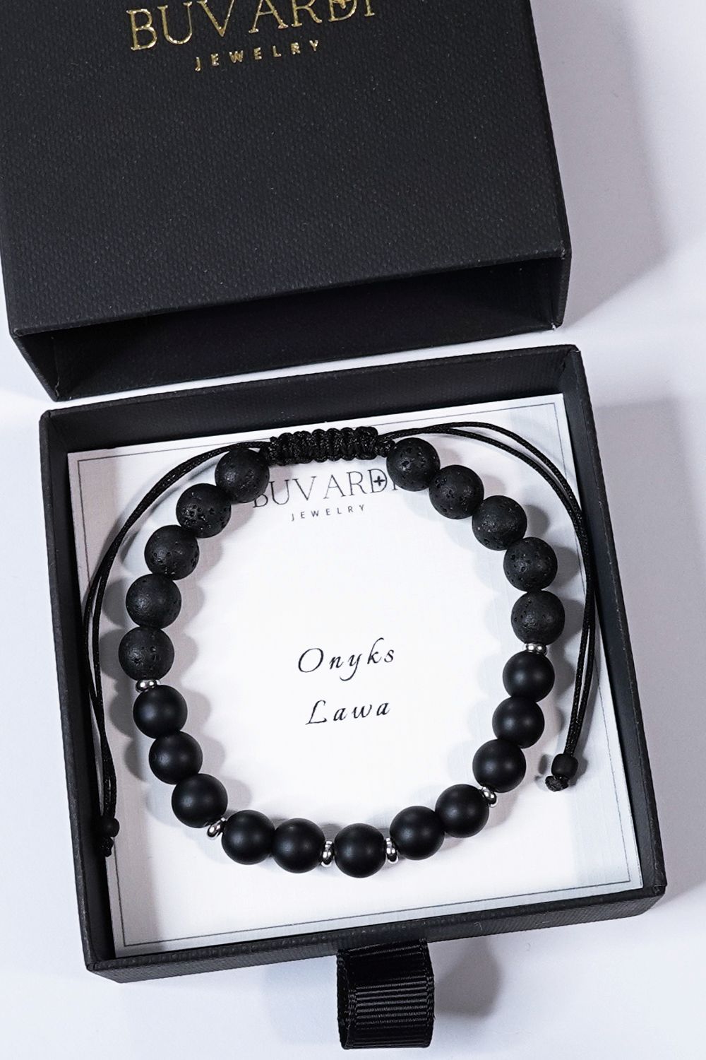 bransoletka męska onyks, lawa na sznurku