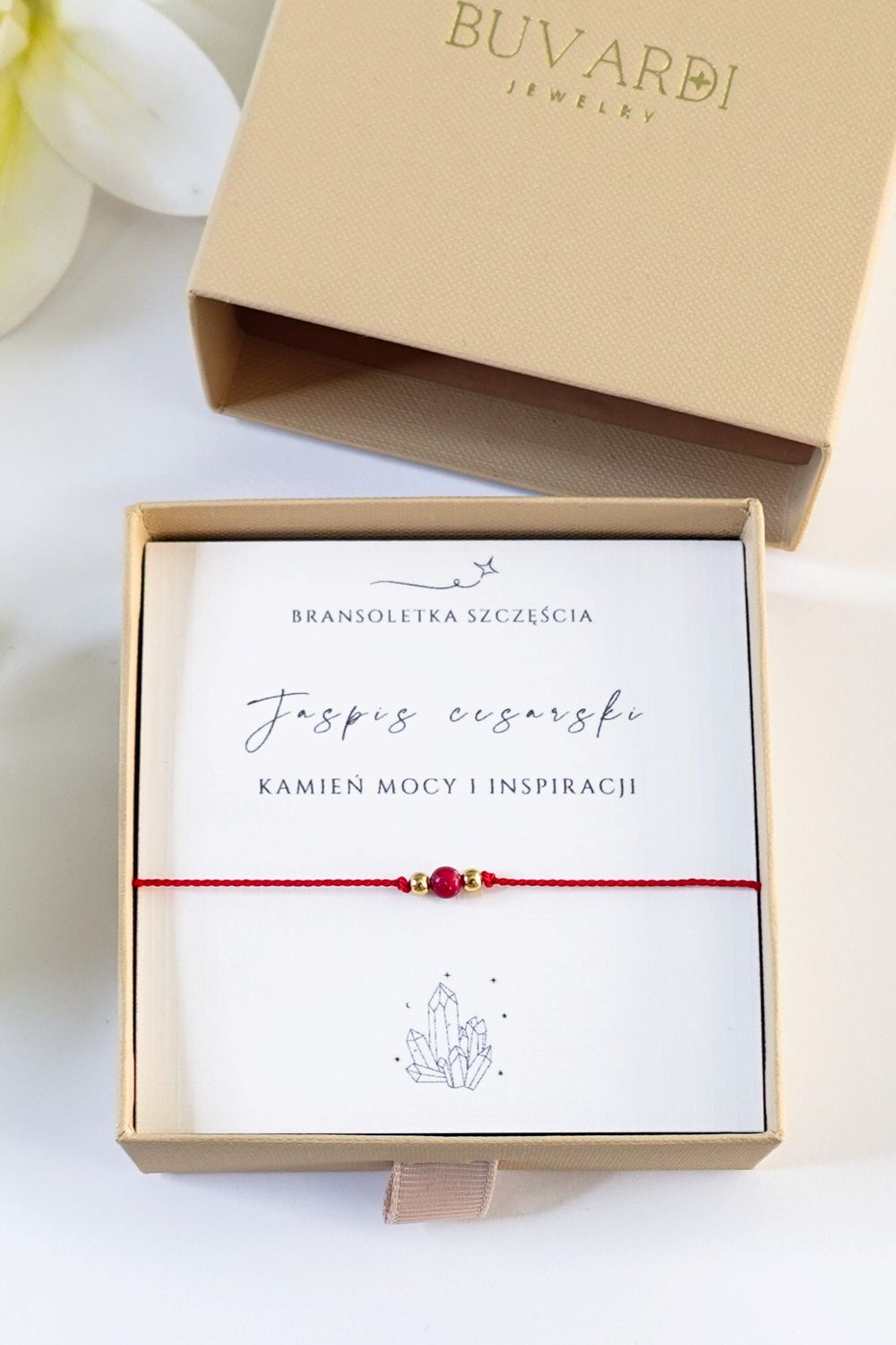 bransoletka szczęścia na czerwonej nici z jaspisem cesarskim