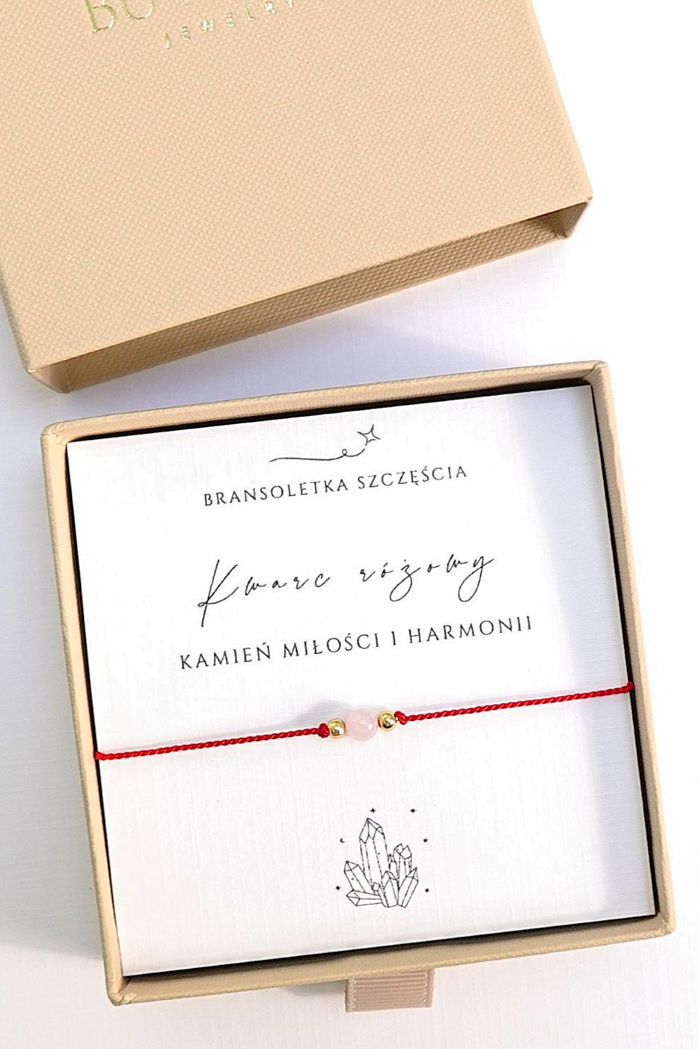 bransoletka z kwarcem różowym na czerwonym sznurku