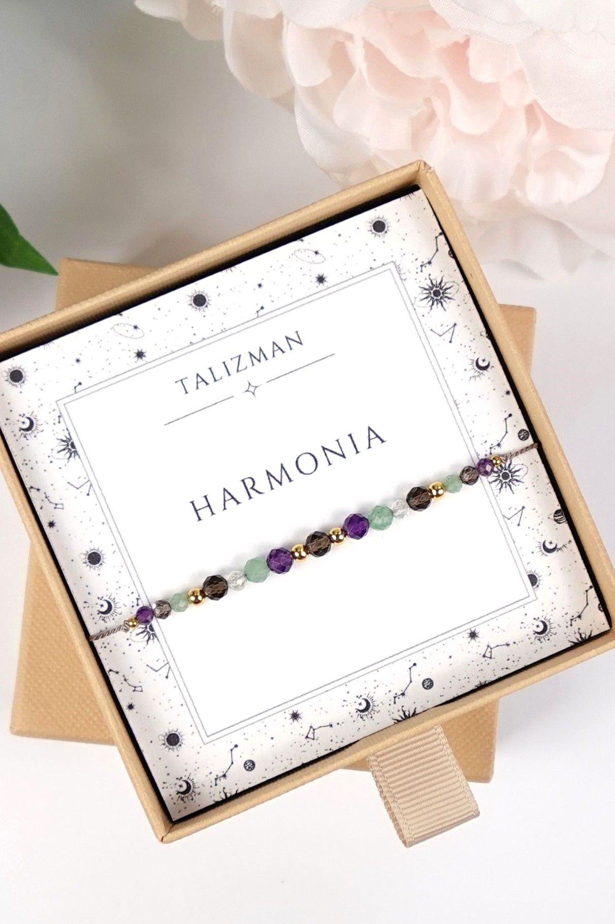 bransoletka damska na nici talizman harmonia z kwarcem dymnym i ametystem