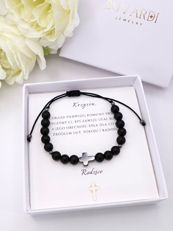 Bransoletka dla chłopca z krzyżykiem z hematytu