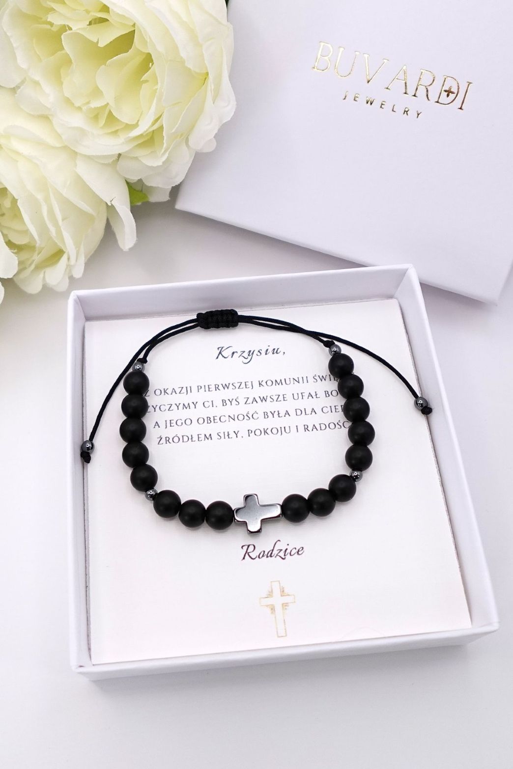 Bransoletka dla chłopca z krzyżykiem z hematytu