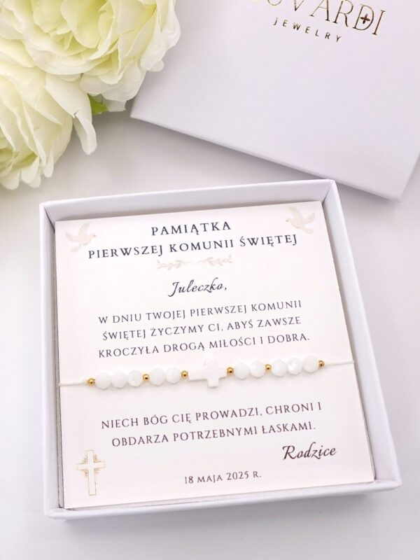 bransoletka z białymi kamieniami na Komunię