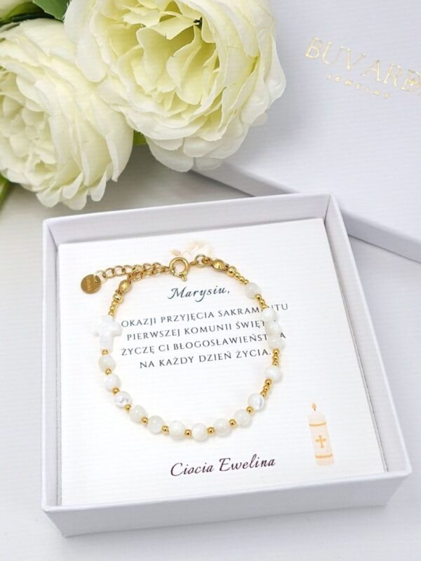 biała bransoletka różaniec dla dziewczynki z masą perłową