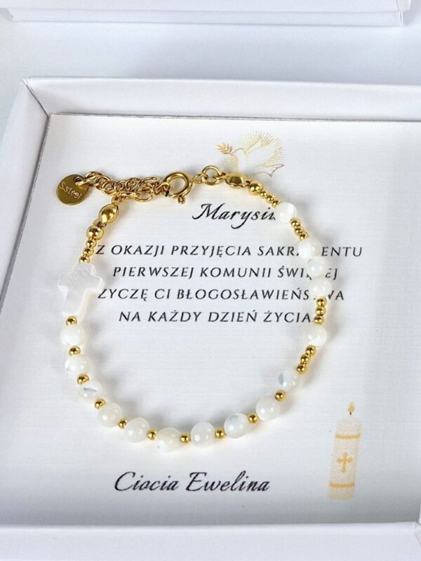bransoletka różaniec z masa perłową dla dziewczynki na Komunię