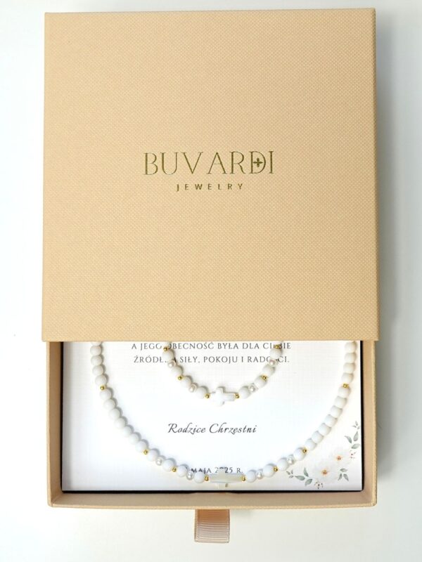 komplet naszyjnik i bransoletka z onyksu białego i pereł na Komunię