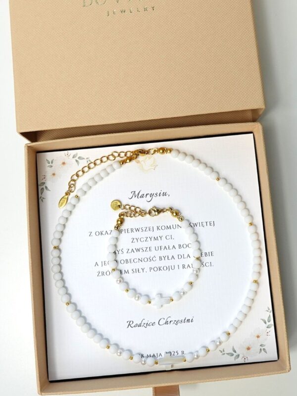 zestaw naszyjnik i bransoletka z kamieni naturalnych i pereł dla dziewczynki na Komunię
