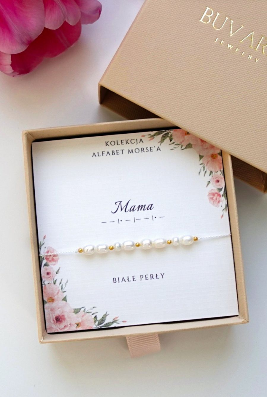 bransoletka z perłami w alfabecie Morse'a
