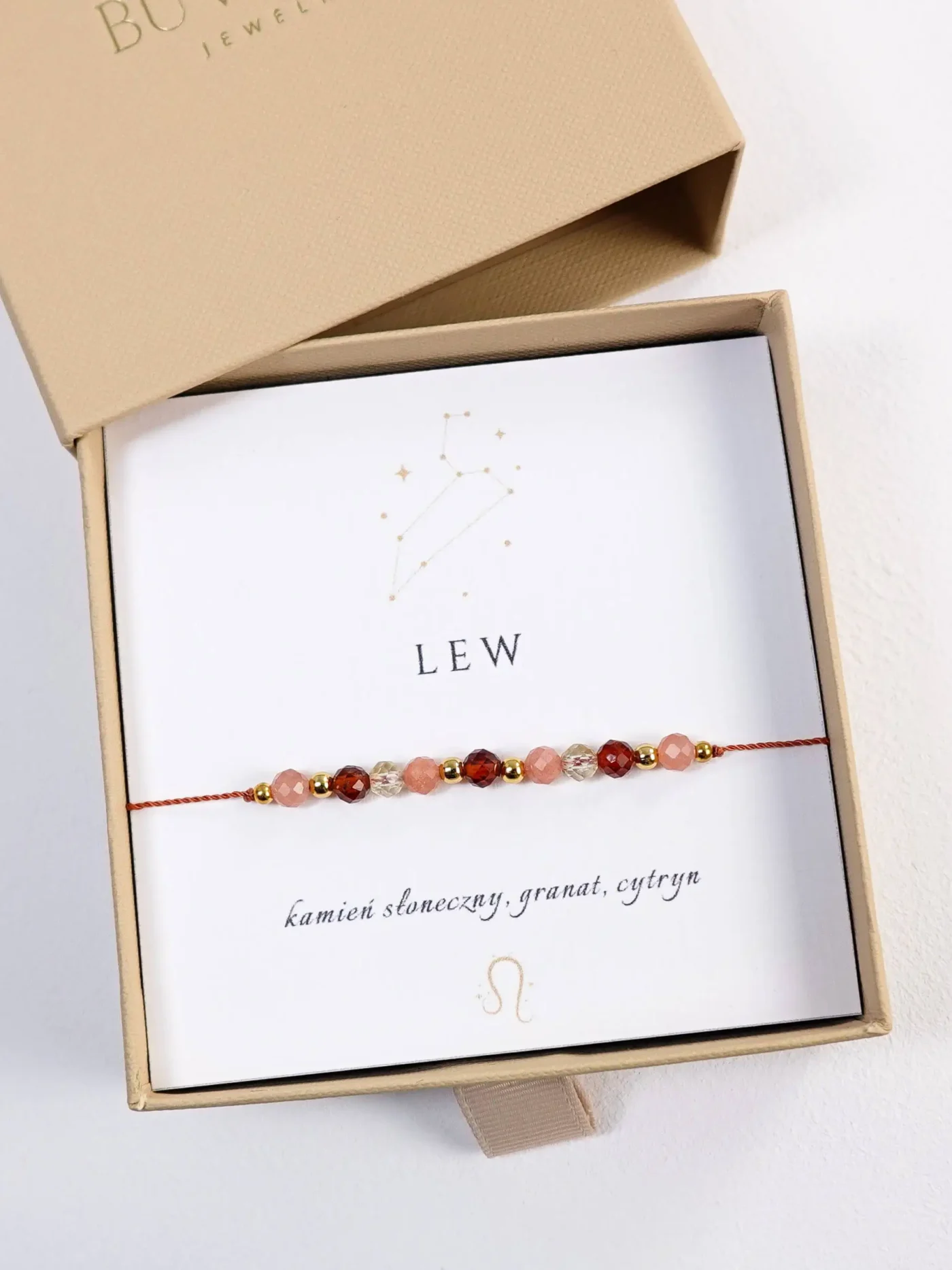 Bransoletka dla znaku Lew z kamieni naturalnych granat, cytryn, kamień słoneczny na sznurku w pudełku prezentowym