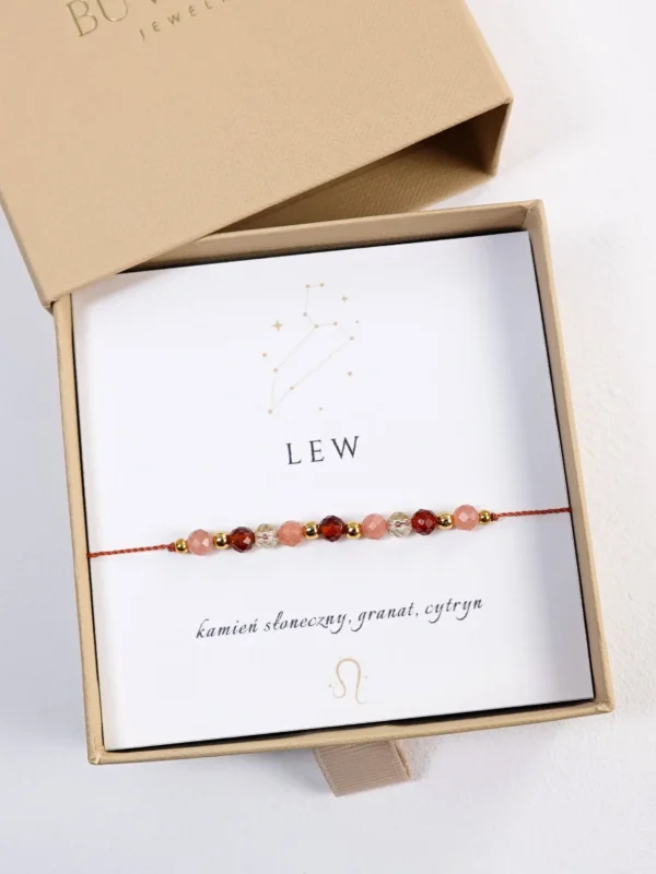Bransoletka dla znaku Lew z kamieni naturalnych granat, cytryn, kamień słoneczny na sznurku w pudełku prezentowym
