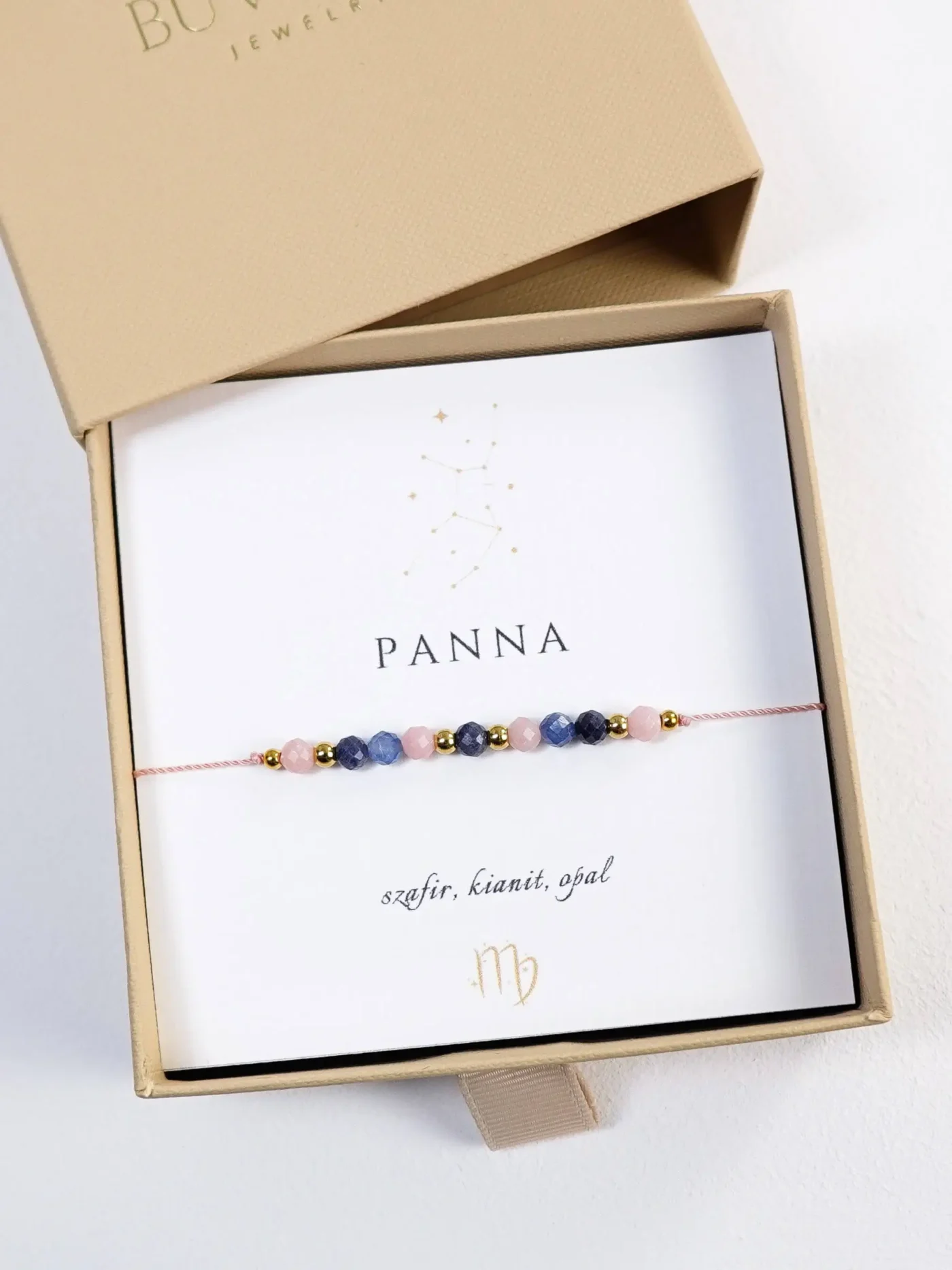 Bransoletka dla znaku Panna z kamieni naturalnych szafir, kianit, opal, na sznurku w pudełku prezentowym