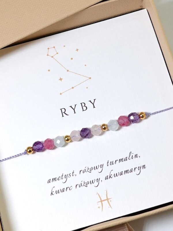 Bransoletka zodiakalna dla Ryb na sznurku z kamieniami naturalnymi: ametyst, kwarc różowy, akwamaryn, różowy turmalin