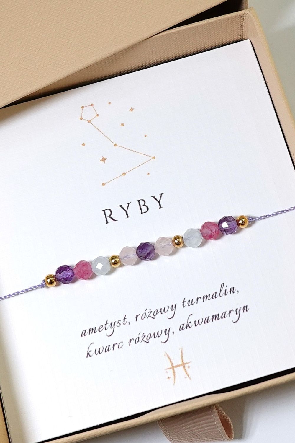 Bransoletka zodiakalna dla Ryb na sznurku z kamieniami naturalnymi: ametyst, kwarc różowy, akwamaryn, różowy turmalin