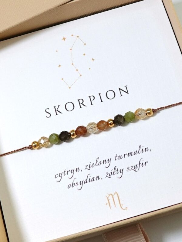 Bransoletka dla znaku zodiaku Skorpion z kamieni naturalnych na sznurku. Cytryn, zielony turmalin, żółty szafir i obsydian.