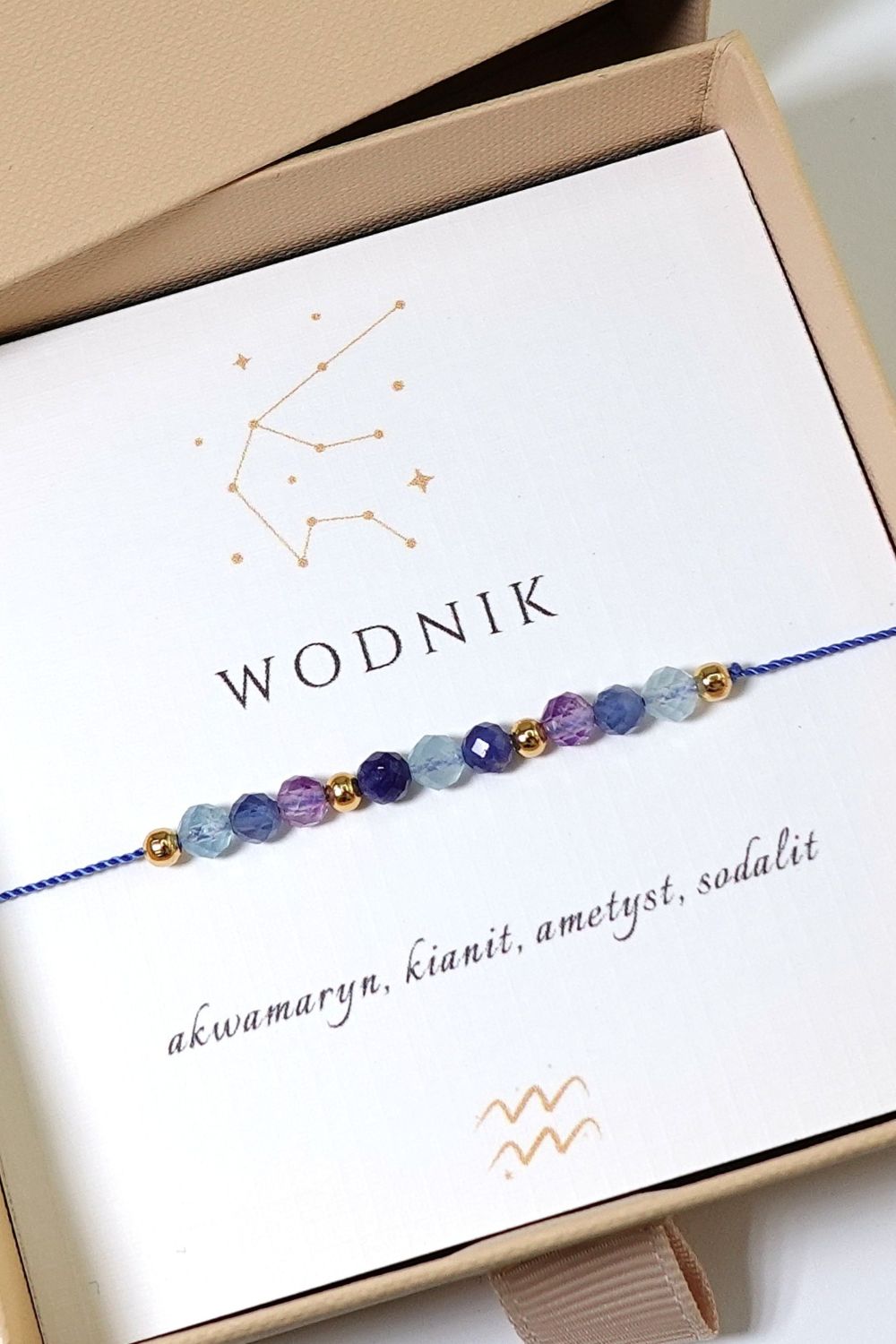 bransoletka dla znaku zodiaku Wodnik z kamieniami naturalnymi: akwamaryn, kianit, ametyst, sodalit
