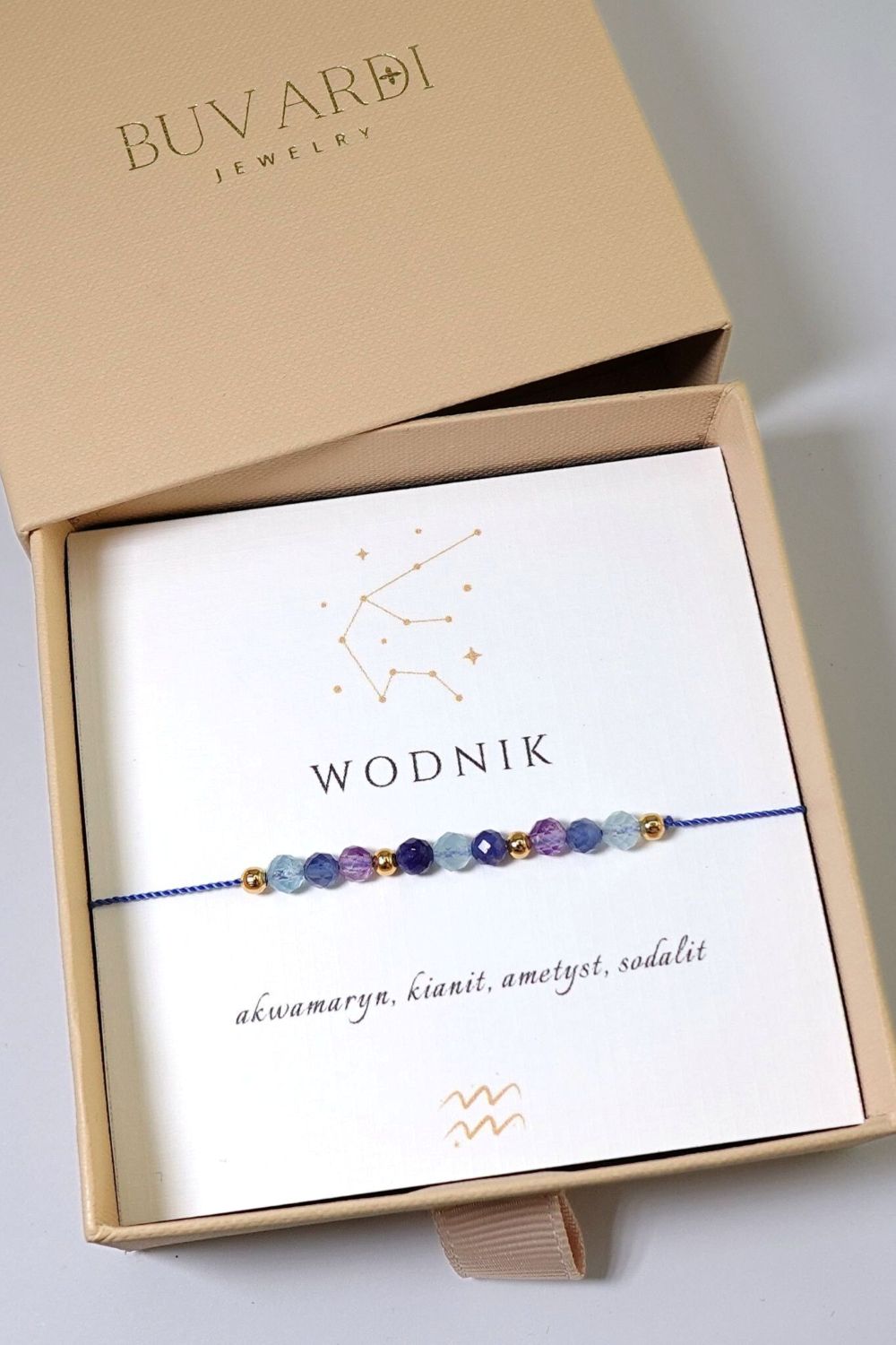 Bransoletka zodiakalna WODNIK na sznurku - akwamaryn, kianit, ametyst, sodalit - obrazek 2