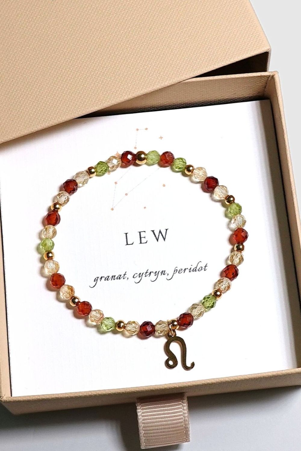 Bransoletka LEW na gumce z zawieszką - granat, cytryn, peridot