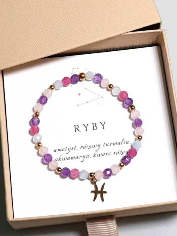 Bransoletka RYBY na gumce z zawieszką - ametyst, różowy turmalin, akwamaryn, kwarc różowy