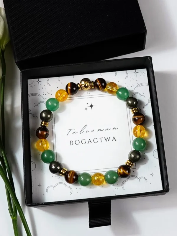 Bransoletka męska z cytrynem, pirytem, tygrysim okiem i awenturynem, talizman na bogactwo.