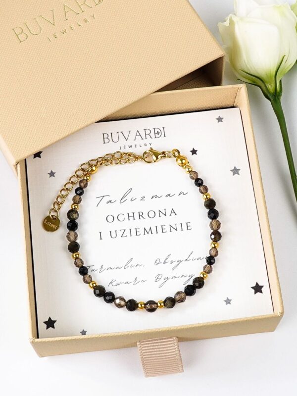 Bransoletka z obsydianem, czarnym turmalinem i kwarcem dymnym, talizman ochronny i uziemienia. Marka Buvardi
