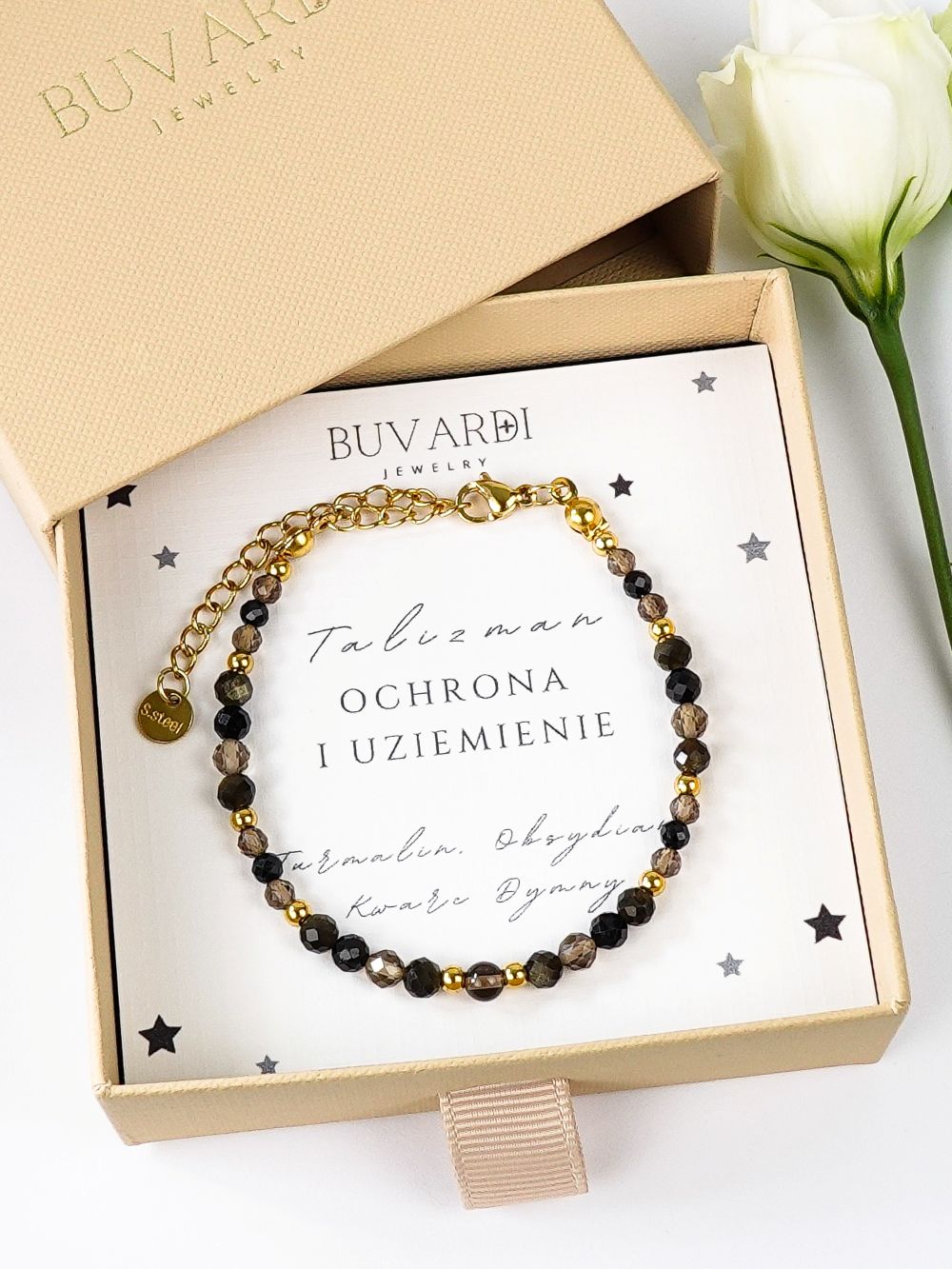 Bransoletka z obsydianem, czarnym turmalinem i kwarcem dymnym, talizman ochronny i uziemienia. Marka Buvardi