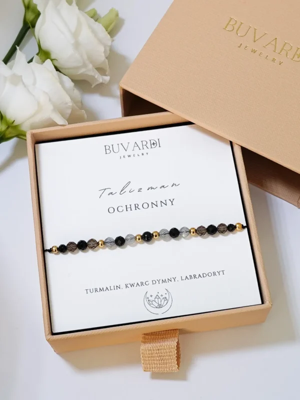 bransoletka ochronna talizman z kamieni naturalnych, czarny turmalin, kwarc dymny, labradoryt, w pudełku prezentowym z dedykacją.
