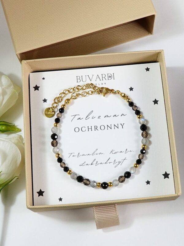 Bransoletka damska talizman ochronny z czarnym turmalinem, kwarcem dymnym i labradorytem, w pudełku prezentowym - Buvardi.