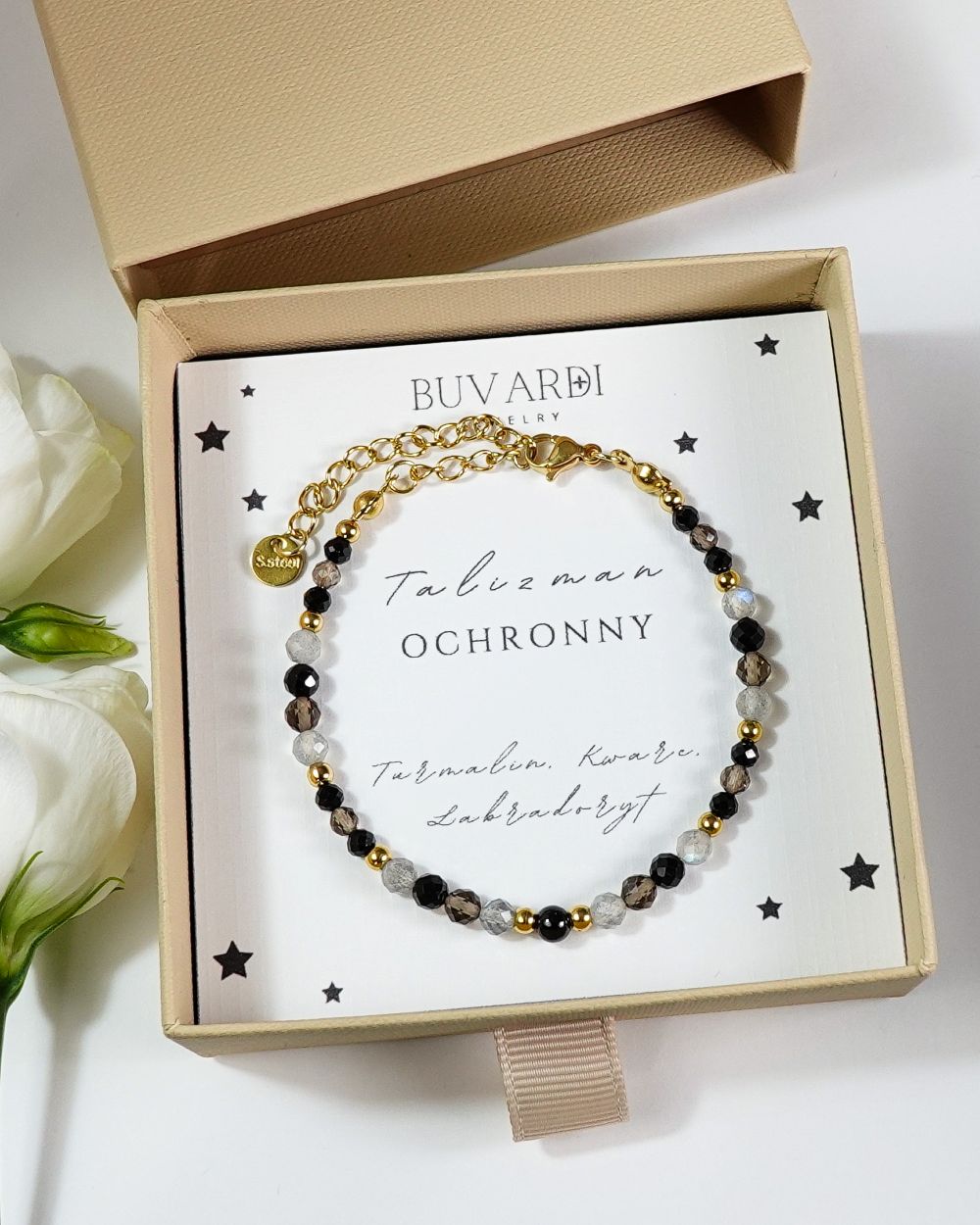 Bransoletka damska talizman ochronny z czarnym turmalinem, kwarcem dymnym i labradorytem, w pudełku prezentowym - Buvardi.
