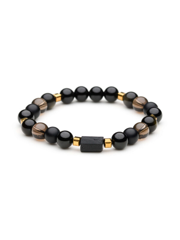 Bransoletka męska z czarnym turmalinem, obsydianem, kwarcem dymnym o onyksem, na gumce