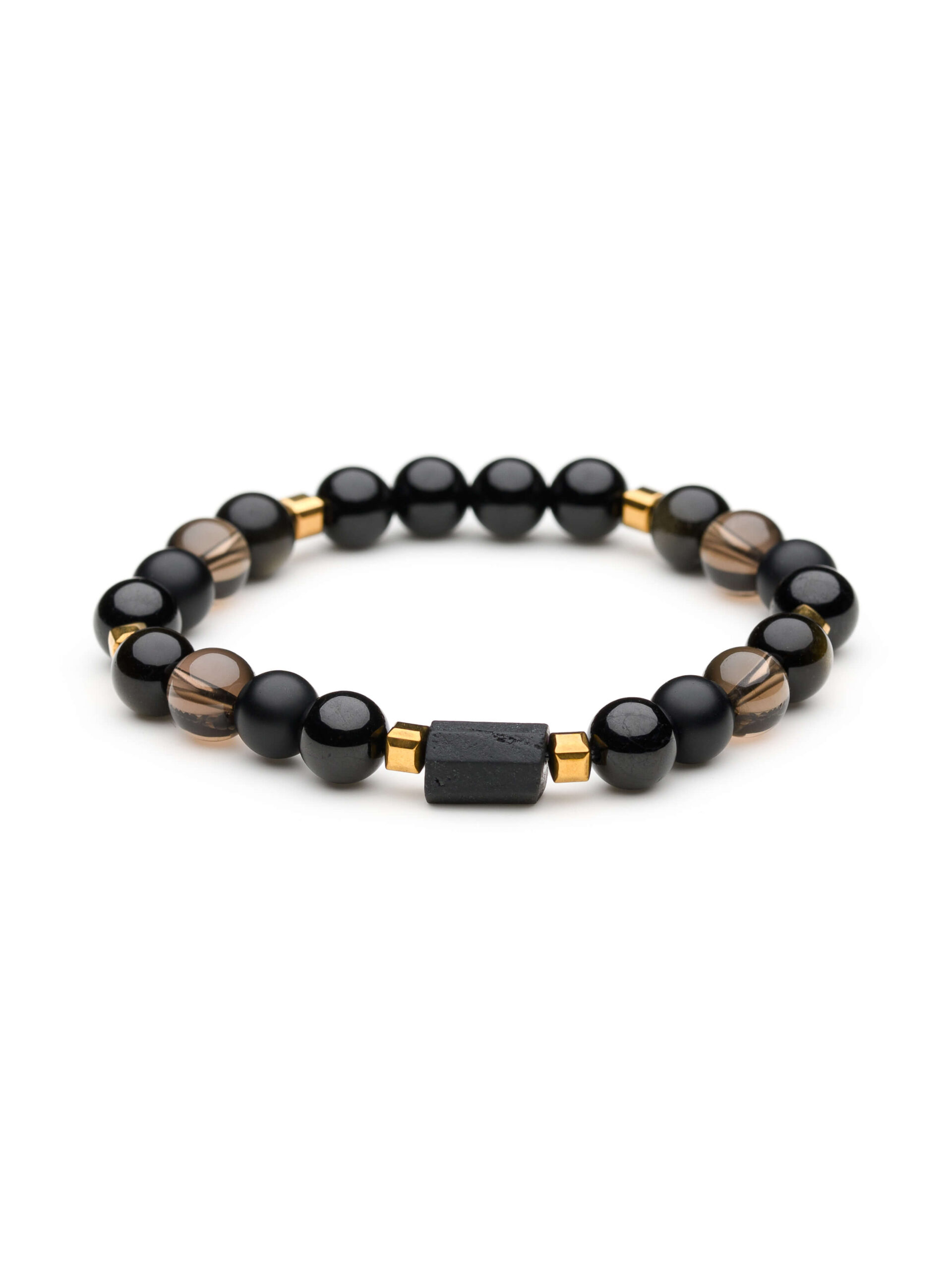 Bransoletka męska z czarnym turmalinem, obsydianem, kwarcem dymnym o onyksem, na gumce