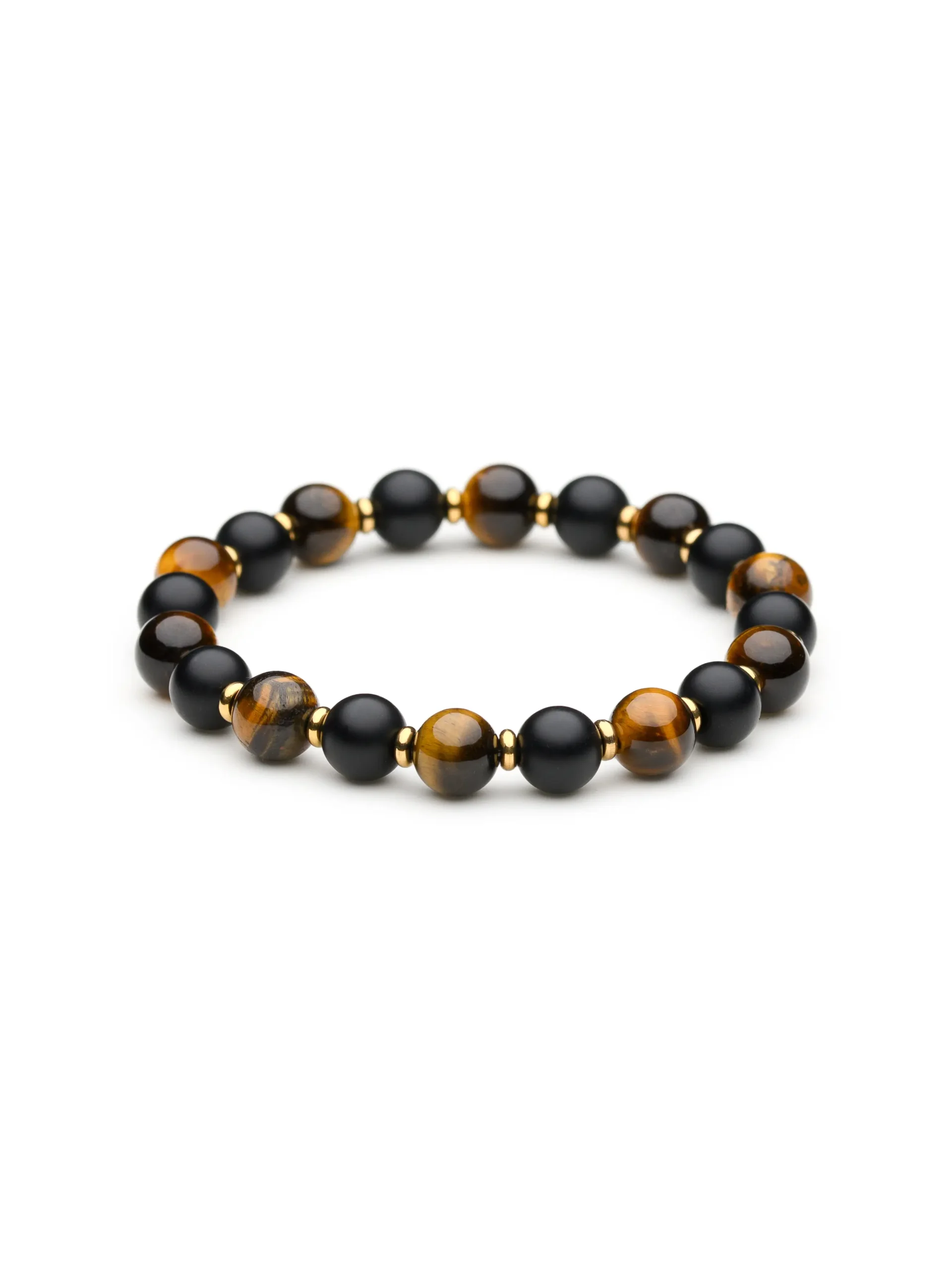 Bransoletka męska z tygrysiego oka i matowego onyksu, na gumce. Kamienie naturalne 8 mm