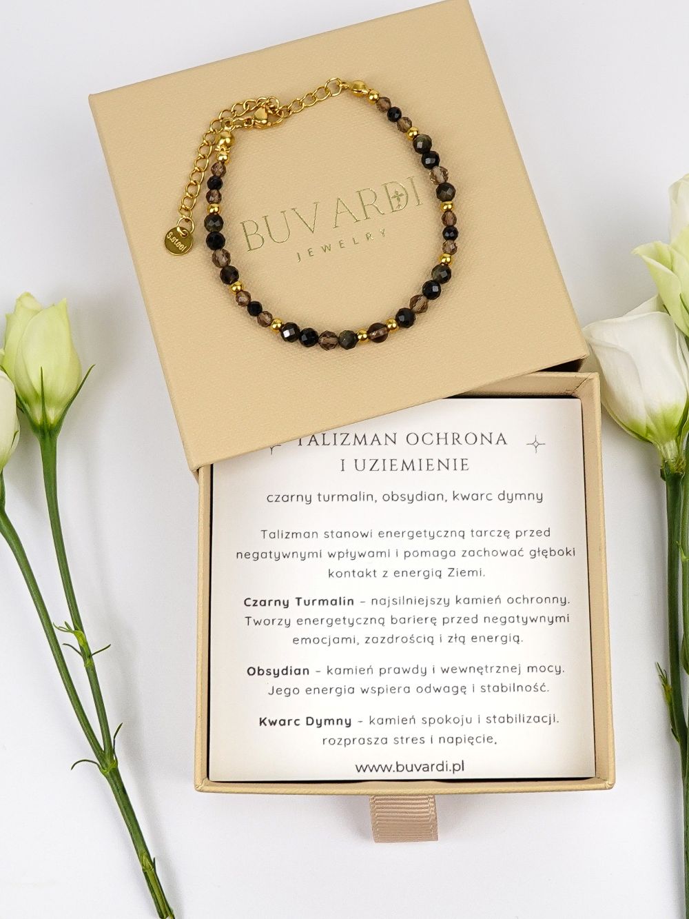 Bransoletka z obsydianem, kwarcem dymnym i turmalinem w pudełku, opis kamieni.