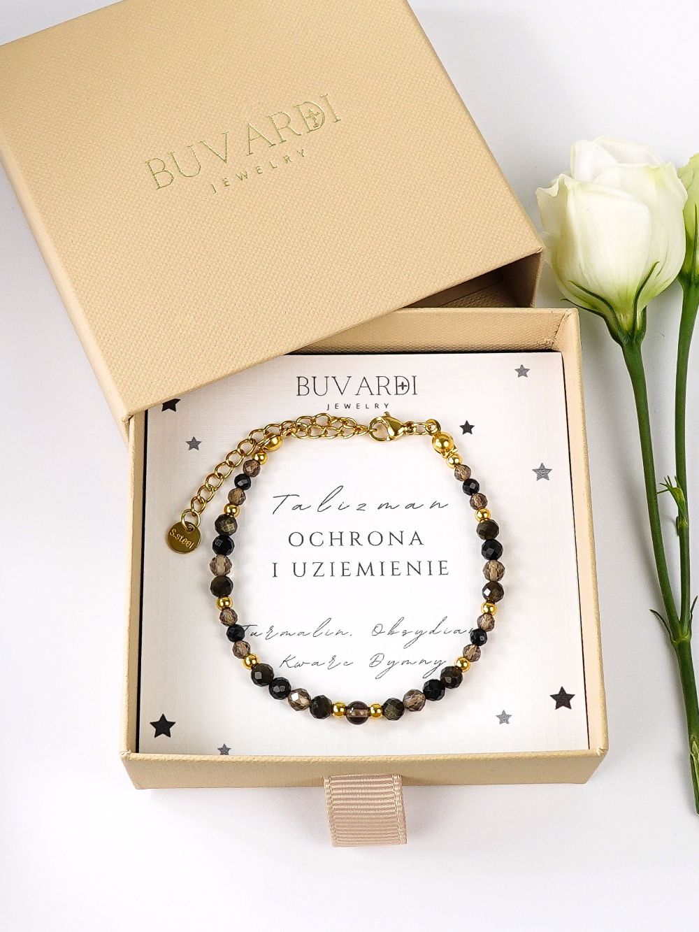 Bransoletka damska Talizman Ochrona i Uziemienie z kamieni naturalnych w pudełku prezentowym.