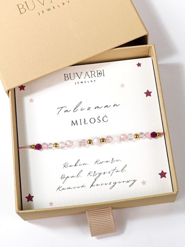 Bransoletka na miłość z kwarcem różowym, opalem, rubinem, kamieniem księżycowym i kryształem, dla kobiet.
