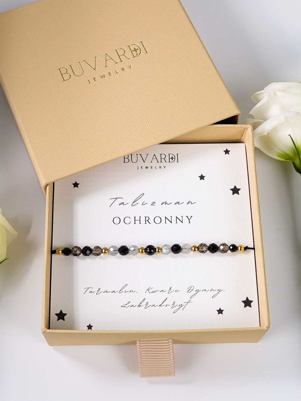 bransoletka ochronna z turmalinem, labradorytem i kwarcem dymnym w pudełku prezentowym.