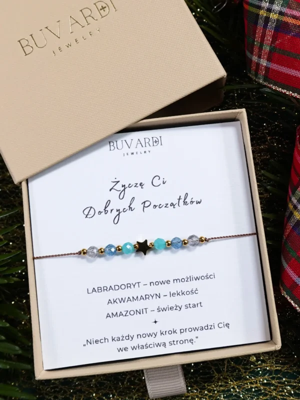 Bransoletka na nowy początek z amazonitem, akwamarynem i labradorytem. Bransoletka na nowe początki, na sznurku z gwiazdką.